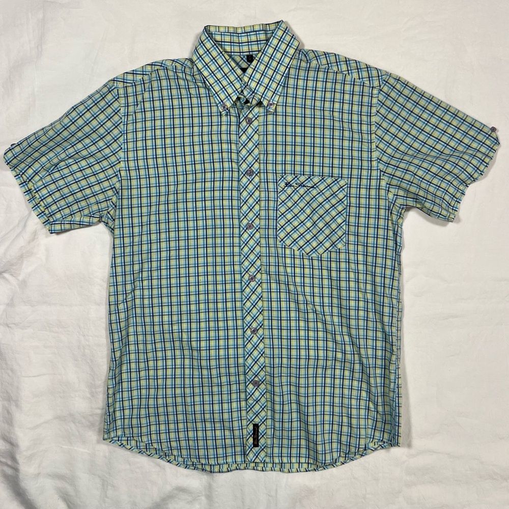 Ben Sherman Plaid Short Sleeve Button Down Shirt Mens Medium Blue Yellow Check